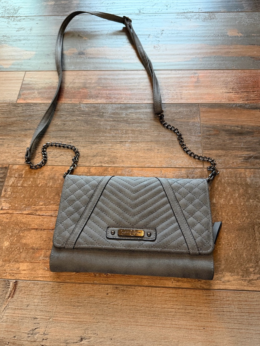 Jessica Simpson Quilted Chevron Crossbody Bag in Gray with Chain Strap